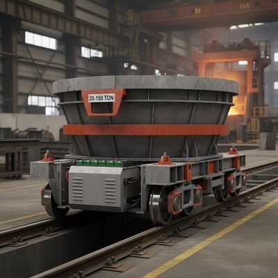 Carrinho de transferência de lata resistente a altas temperaturas com capacidade de carga de 20 a 150 toneladas e sistema guiado por trilho movido a bateria